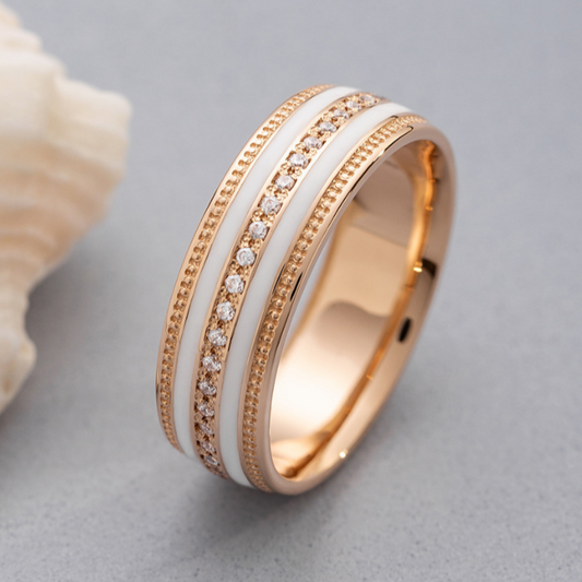 Obraczka slubna z diamentami. Damska slubna obraczka z emalia. Unikalna damska obraczka. Obraczka slubna zloto 585