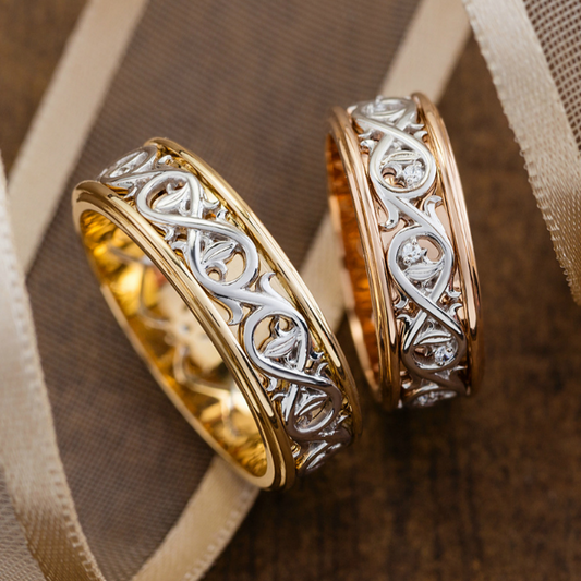 Komplet obrączek ślubnych. Obrączki ślubne złote. Obrączki z unikalnym designem. Dwukolorowe złote obrączki ślubne. Obrączki z diamentami.