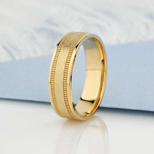 Obrączka ślubna męska. Obrączka z milgrainowymi detalami. Matowa obrączka. Szczotkowana obrączka. Obrączka złota. Obrączka złota 585