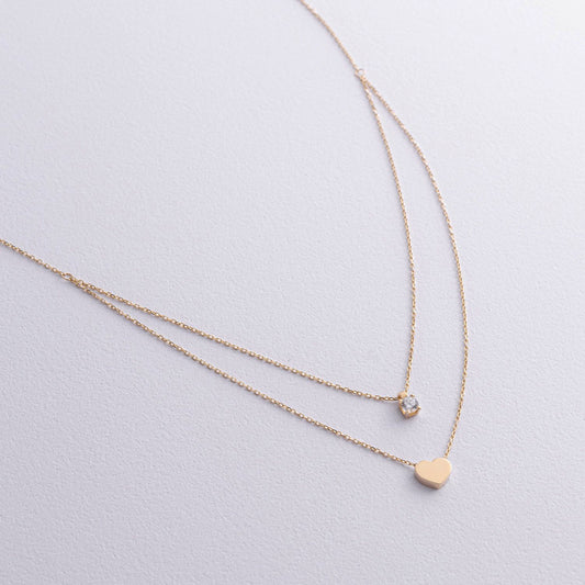 Złoty podwójny naszyjnik z serduszkiem i cyrkonią, złoto 585, elegancka biżuteria damska