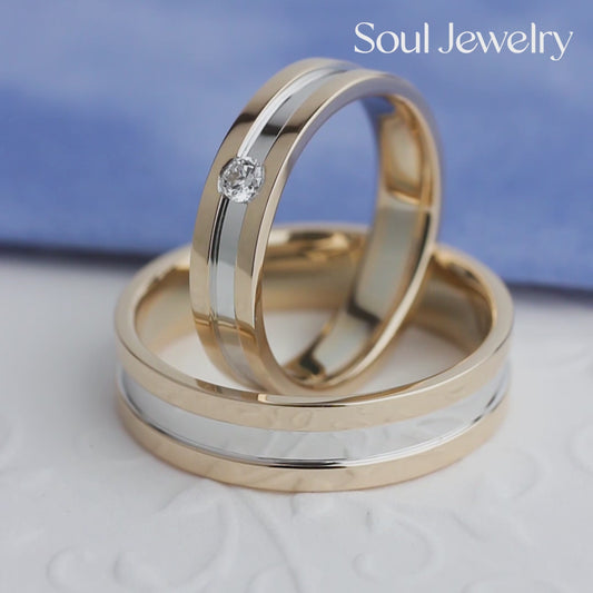 Dwukolorowa złota obrączka z diamentem. Obrączka ślubna dla kobiet. Diamentowa złota obrączka. Damska obrączka ślubna. Pierścionek z diamentem. Pierścionek z różowego i białego złota. Damski złoty pierścionek