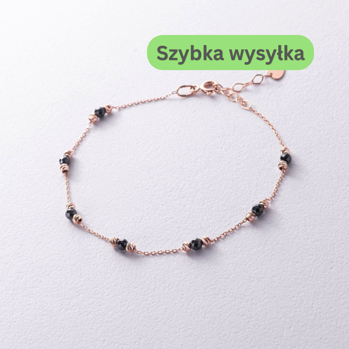 Złota bransoletka 14K z czarnymi kamieniami, Elegancka bransoletka z czarnymi cyrkoniami, Delikatna bransoletka z różowego złota, Minimalistyczna bransoletka