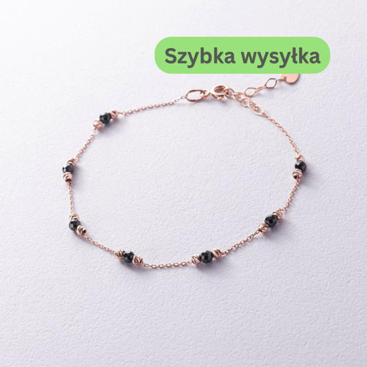 Złota bransoletka 14K z czarnymi kamieniami, Elegancka bransoletka z czarnymi cyrkoniami, Delikatna bransoletka z różowego złota, Minimalistyczna bransoletka