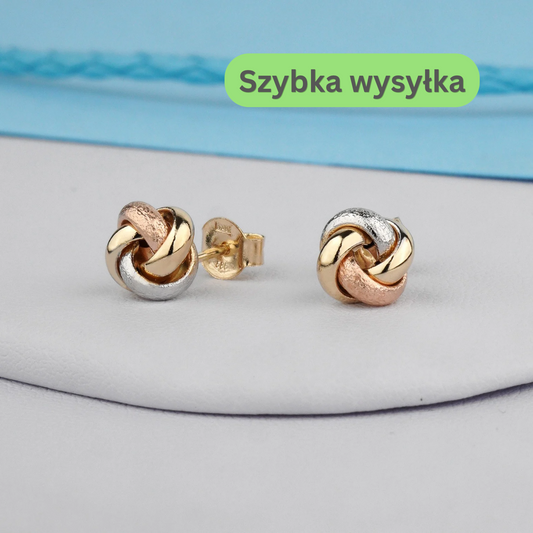 Złote kolczyki supełki trójkolorowe 974
