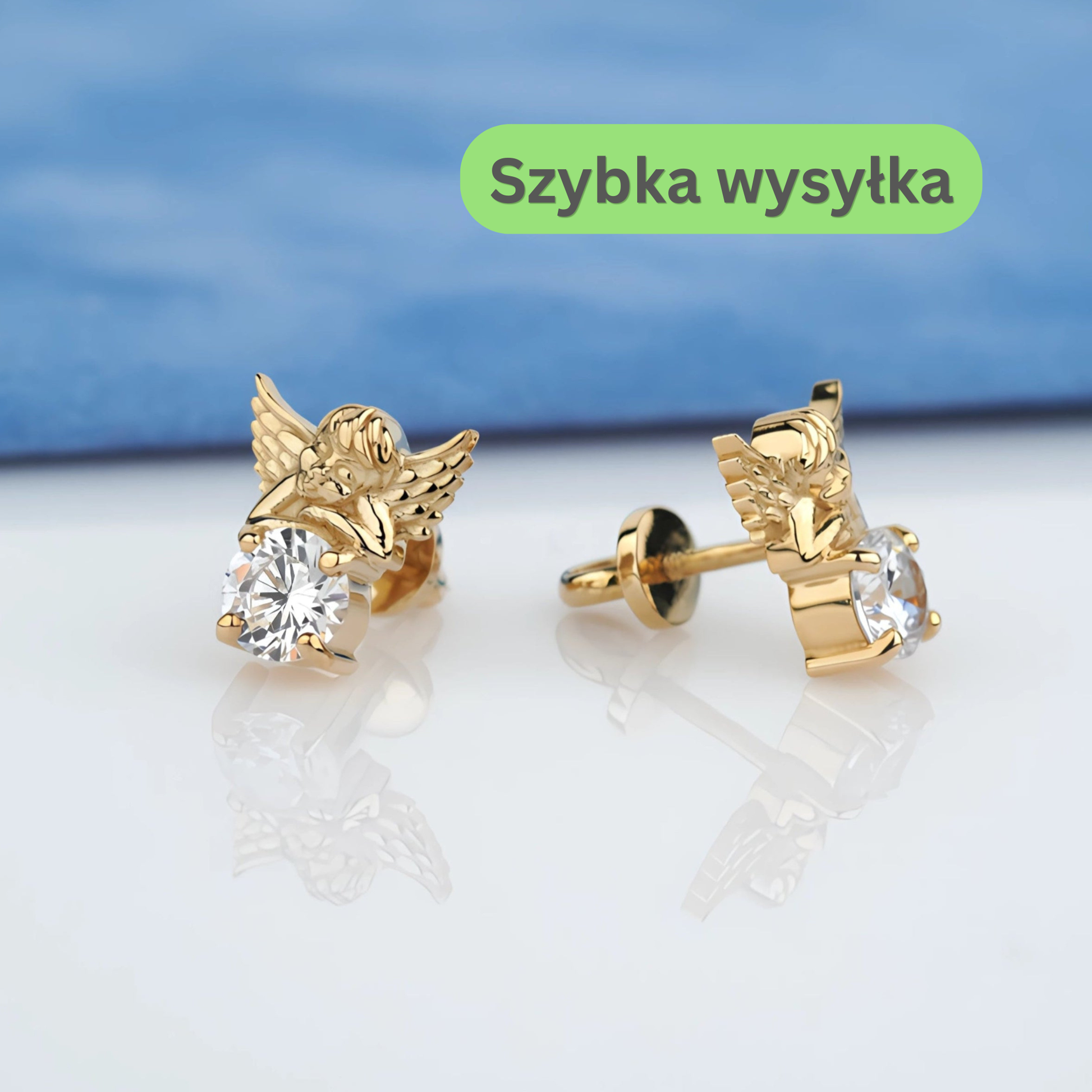 Złote kolczyki z motywem aniołków i cyrkoniami, elegancka biżuteria na prezent na chrzest lub komunię.