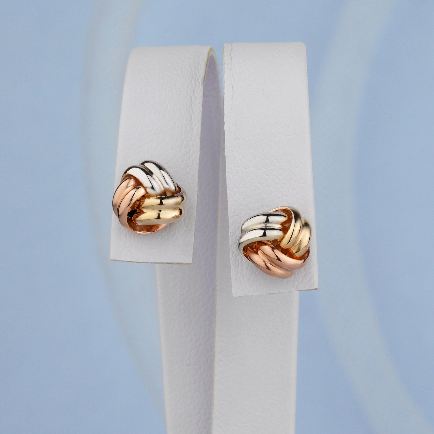 Złote kolczyki supełki trójkolorowe 585, eleganckie kolczyki, minimalistyczne kolczyki dla niej