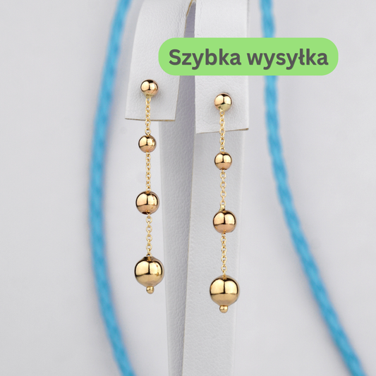 Złote wiszące kolczyki, Eleganckie złote kolczyki, Biżuteria damska, złote wiszące kolczyki z kulkami