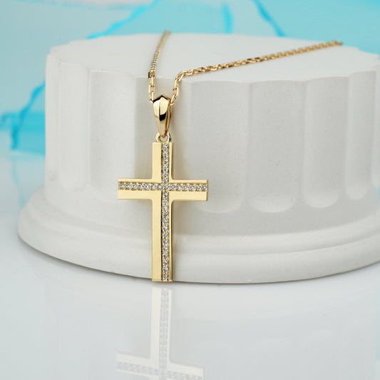 Złoty wisiorek krzyżyk z cyrkoniami, próba 585