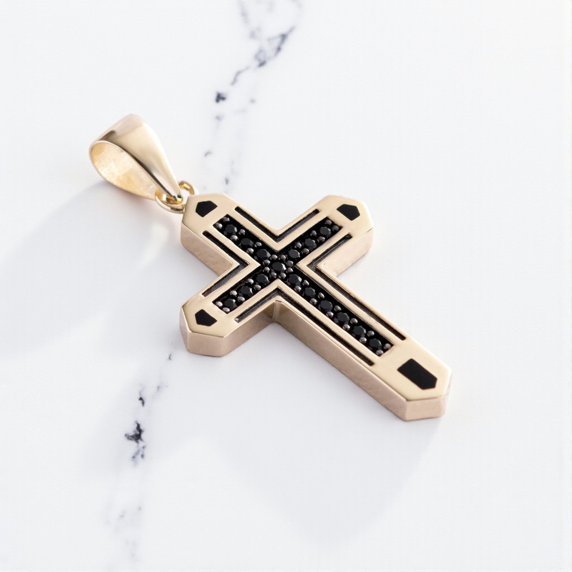 Zawieszka krzyżyk złoto z czarnymi kamieniami