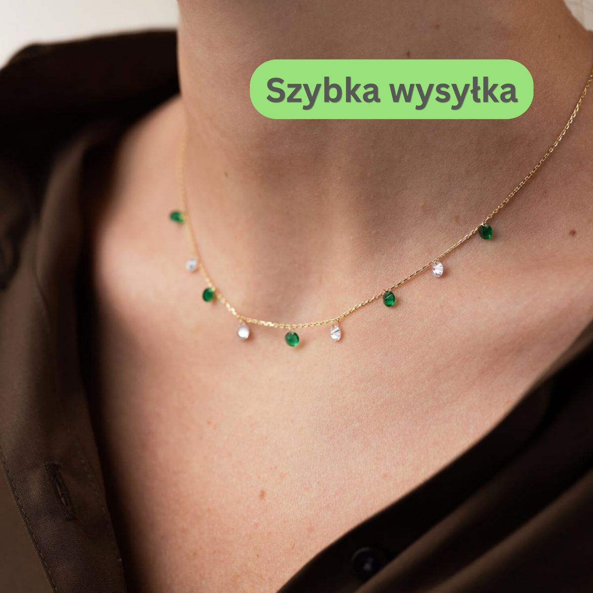 Subtelny naszyjnik damski, Złoty naszyjnik, złoty naszyjnik 585, biżuteria ze złota 585 z zielonymi cyrkoniami,biżuteria ze złota 585