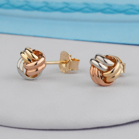 Złote kolczyki supełki trójkolorowe 585