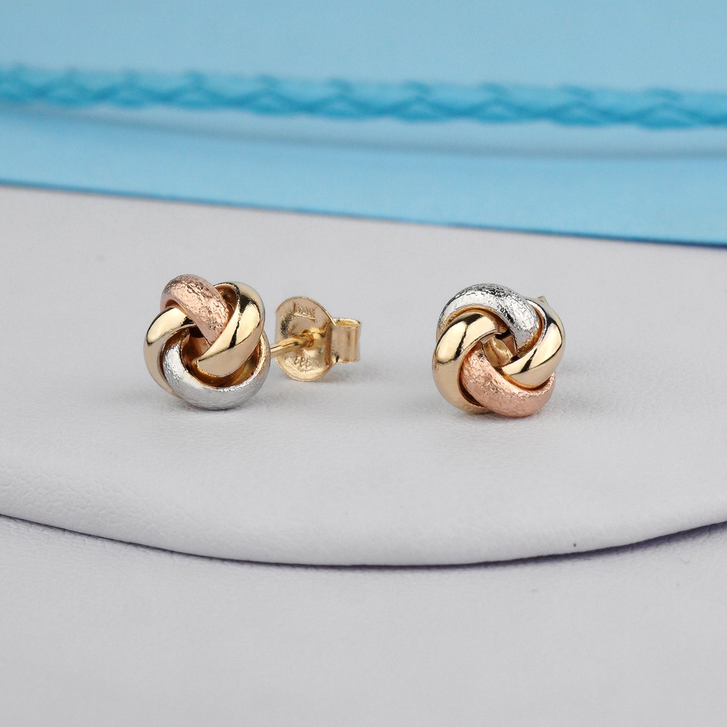 Złote kolczyki supełki trójkolorowe 585