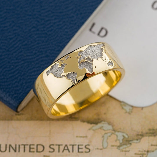 Unikalny pierścionek z 14-karatowego złota z mapą świata. Pierścionek z mapą świata. Unikalny złoty pierścionek. Męska obrączka ślubna. Damska obrączka ślubna. Niezwykła obrączka