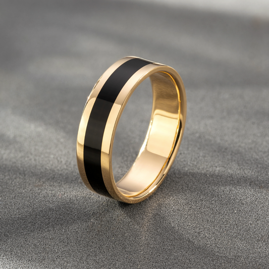 Men's god wedding ring with black enamel, black and gold wedding band, unique wedding ring, black men's band, ring for him, wedding ring for men