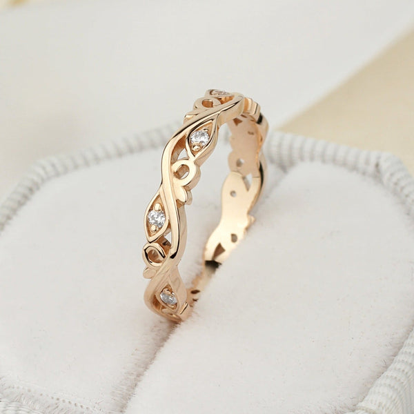 Delikatna obrączka w kwiaty z różowego złota, damska obrączka ślubna, złota obrączka ślubna z diamentami, delikatna złota obrączka z diamentami, cienka obrączka z diamentami, obrączka ślubna boho, wyjątkowa obrączka ślubna, damska obrączka ślubna, pierścionek dla niej, złoty pierścionek z diamentem